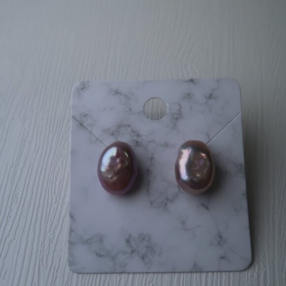 Lovely Mauve Oval Shape Natural Freshwater Pearl Studs - Sterling Silver - Picture 4 of 5